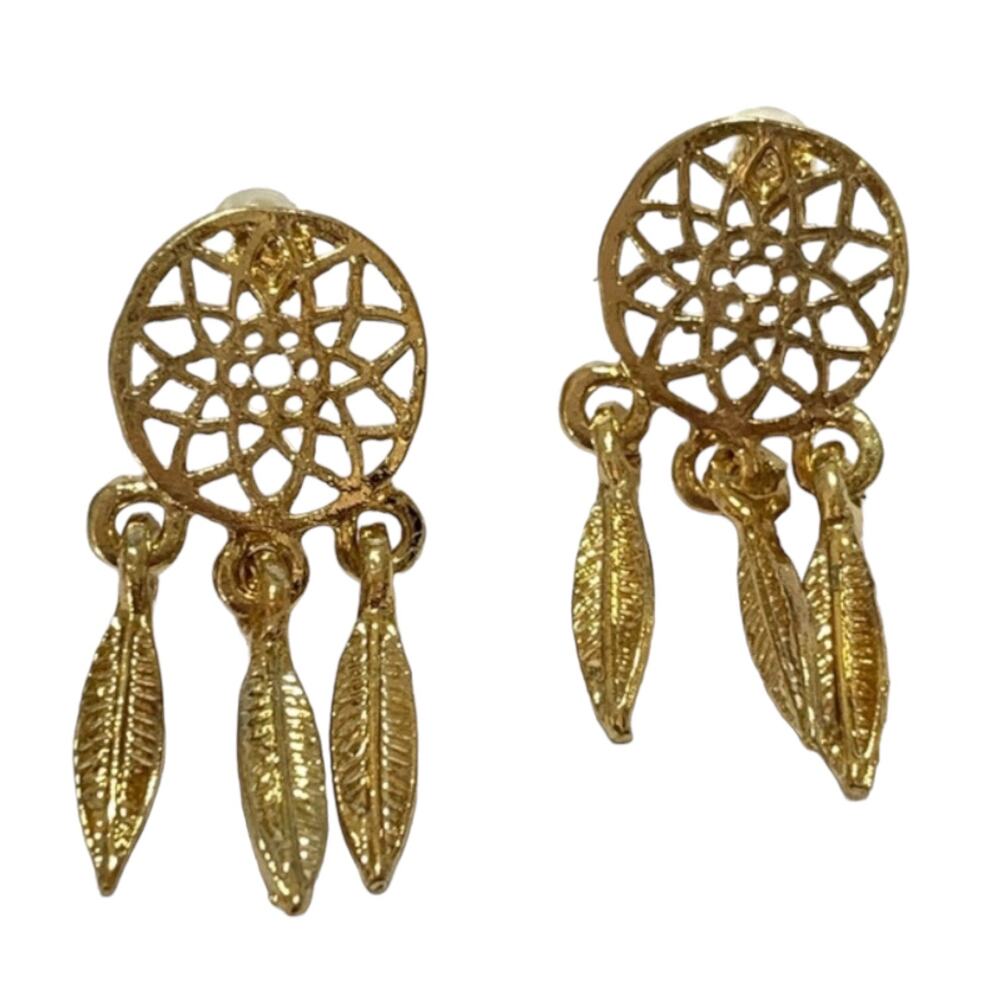 Dreamcatcher Gold Tone Feather Dangle Push Back Earrings